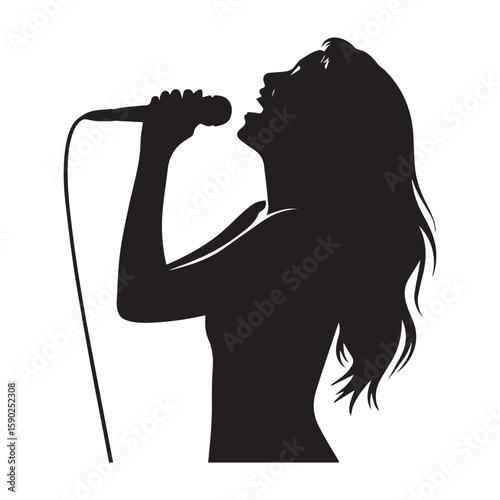 Silhouette of a woman singing passionately into a microphone with her head tilted back and long flowing hair isolated on a white background conveying a sense of performance and musical expression