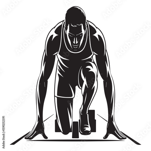 A determined male athlete in a black and white silhouette crouches at the starting line of a race track ready to sprint forward with intense focus and athletic power