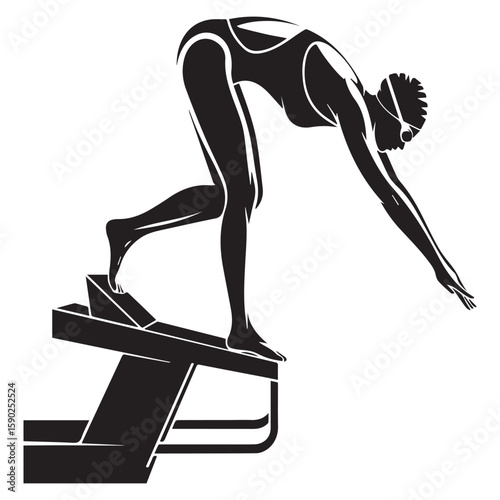 Silhouette of a female swimmer in a black swimsuit and cap poised on a starting block ready to dive into the water for a race