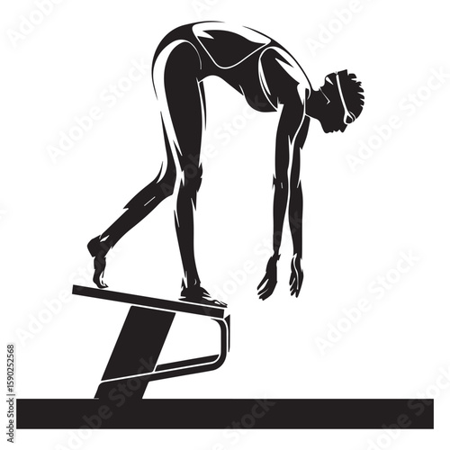 Silhouette of a swimmer in a black racing suit and cap poised on a starting block ready to dive into the water for a competition