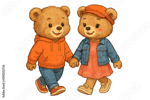 Cute bear couple walking hand in hand on a vibrant day, displaying friendship and joy in a whimsical setting
