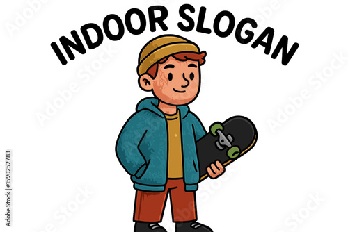 Young boy with skateboard in urban environment showcasing a fun and active lifestyle in a cozy indoor setting