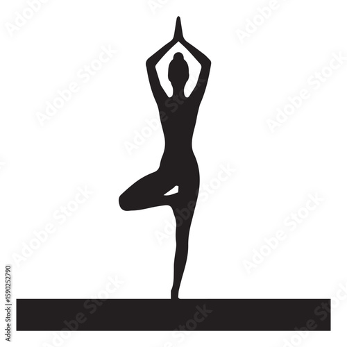 Silhouette of a woman performing the vrksasana or tree pose in yoga symbolizing balance mindfulness and healthy living against a clean white background with a black base
