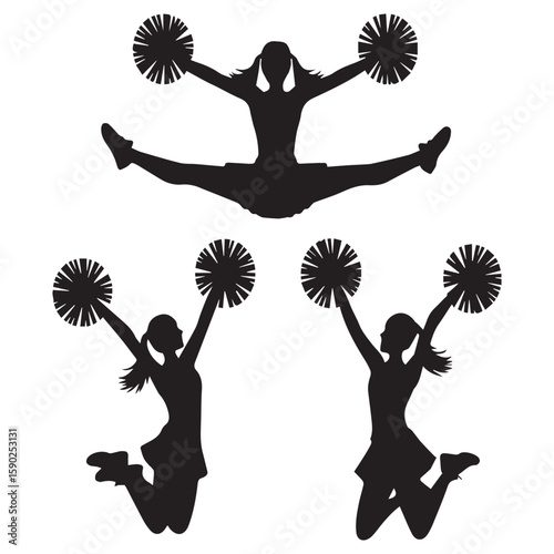 Dynamic silhouettes of three energetic cheerleaders performing athletic jumps and splits while holding pom poms showcasing team spirit and synchronized movement
