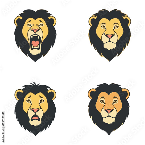 Lion faces expressing different emotions head roaring