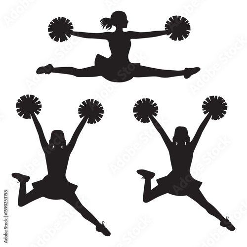 Three silhouette cheerleaders performing dynamic jumps and splits holding pom poms in action poses against a white background