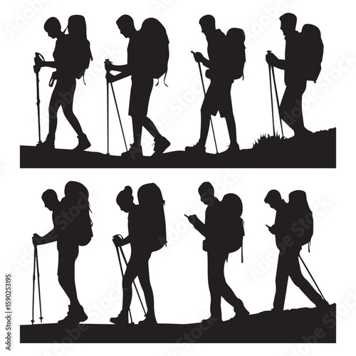 A diverse group of hikers with backpacks and trekking poles are depicted in silhouette showcasing various poses and activities during an outdoor adventure on a white background