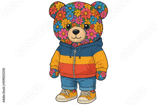 Colorful bear character in casual attire with floral patterns stands cheerfully in a whimsical setting during daytime