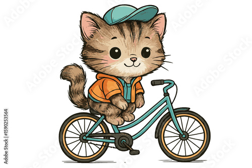Cute kitten riding a bicycle in a playful outdoor environment on a sunny day