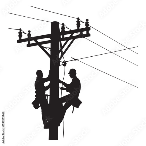 Silhouette of two electricians working on a power pole with electrical wires and insulators against a stark white background symbolizing essential infrastructure maintenance and skilled labor
