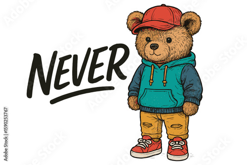 Cute bear character wearing a red cap and green hoodie stands confidently next to the word never