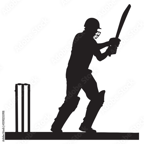Silhouette of a cricket batsman in action poised to hit the ball with his bat standing next to wickets on a white background capturing the essence of the sport