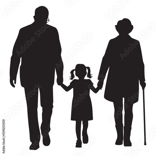Silhouette of a grandfather and grandmother walking hand in hand with their granddaughter symbolizing family unity and generational connection on a white background