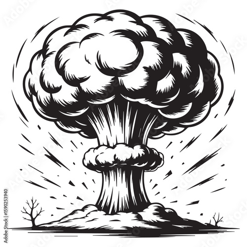 A dramatic black and white illustration depicts a powerful mushroom cloud explosion with radiating lines of force and barren trees on a desolate landscape symbolizing destruction