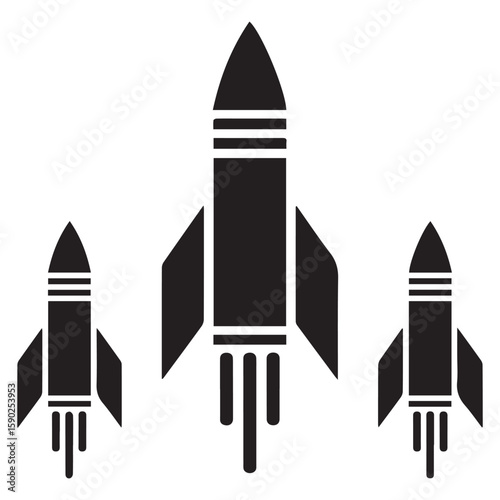 Three black rocket ship icons in a row on a white background with the middle rocket being the largest and all showing exhaust flames