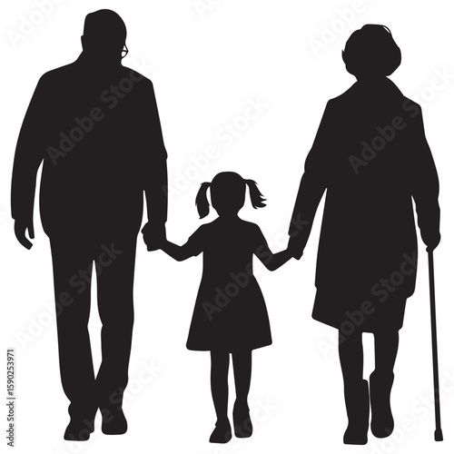 A loving grandfather and grandmother walking hand in hand with their granddaughter enjoying a peaceful stroll together in silhouette against a white background