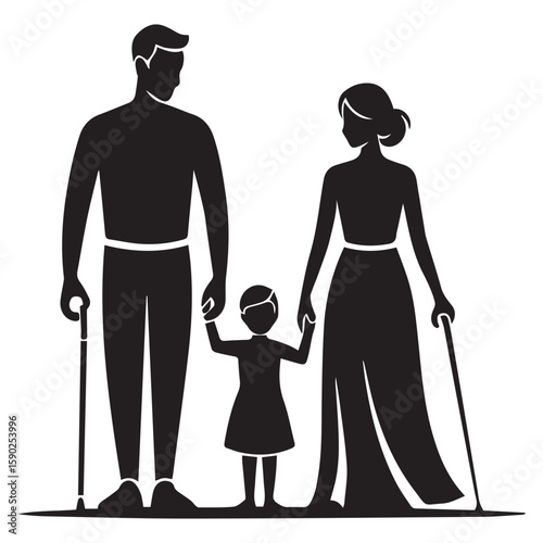 A stylized black silhouette of a family consisting of a father mother and child holding hands and walking together with the parents using canes for support