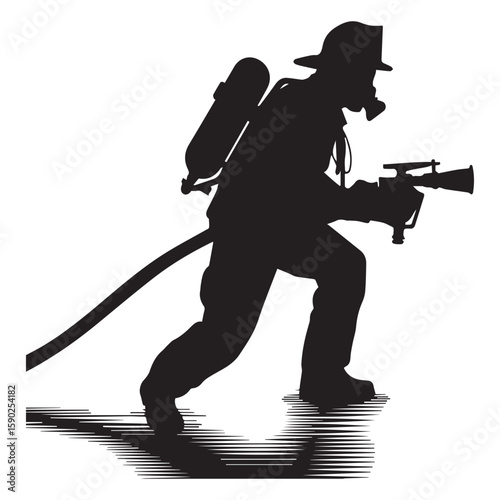 Silhouette of a firefighter in full gear wearing a helmet and gas mask holding a hose and nozzle ready to combat a blaze with a dynamic shadow effect