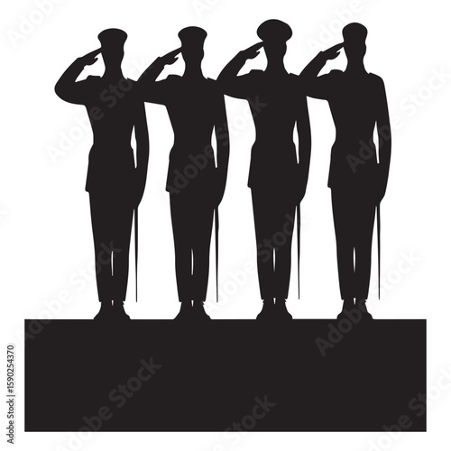 Four solemn soldiers in silhouette stand at attention and salute dressed in formal military uniforms with caps and swords representing honor and respect
