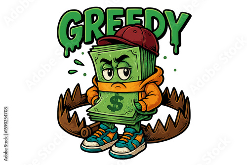 Greedy character holding money surrounded by a bear trap in an urban setting, illustrating a theme of financial ambition and caution