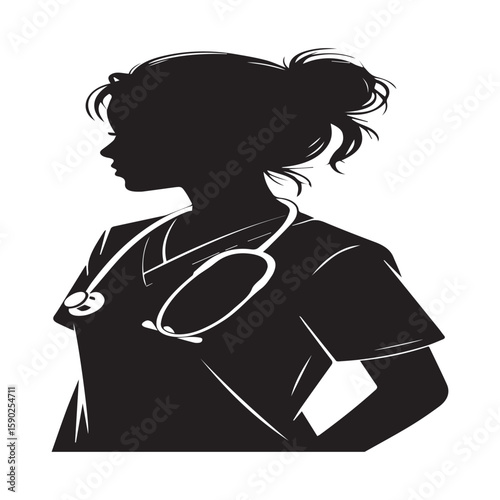 Silhouette of a female healthcare professional with her hair in a bun wearing scrubs and a stethoscope around her neck in profile view against a white background