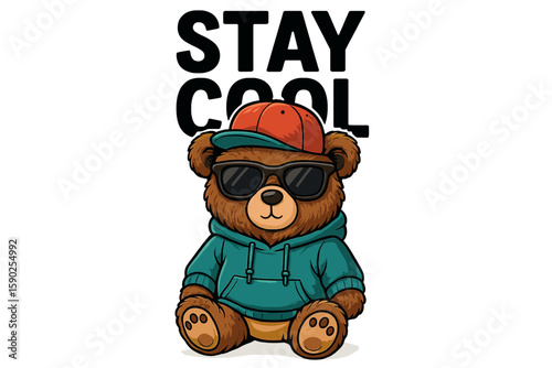 Cool bear wearing sunglasses and a hoodie with motivational text in the background capturing a fun and casual vibe