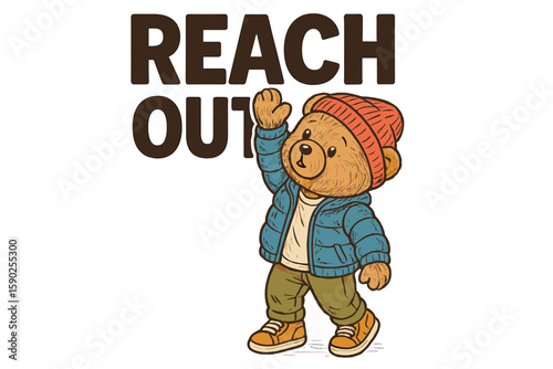 Cute bear wearing hat and jacket waves while promoting friendliness and connection
