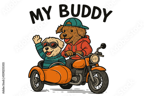 Fun illustration of two cartoon dogs enjoying a motorcycle ride together in a playful and adventurous style