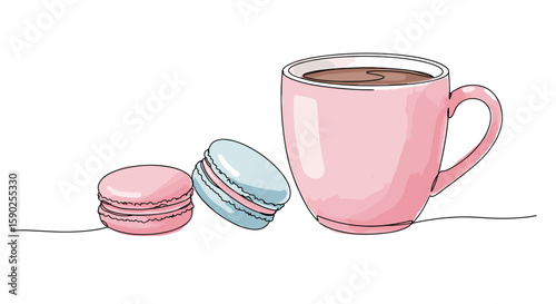Pink coffee mug with two macarons pink and blue -one line doodle drawing with watercolor fill, minimalistic vector illustration on white background