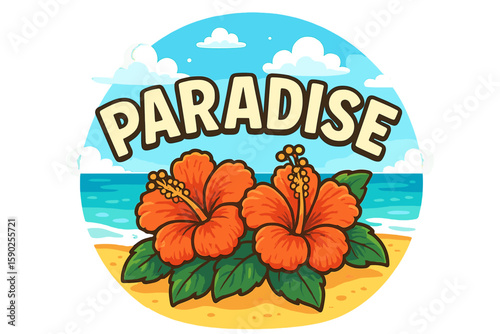 Vibrant tropical design featuring hibiscus flowers with the word paradise on a sunny beach setting near the ocean