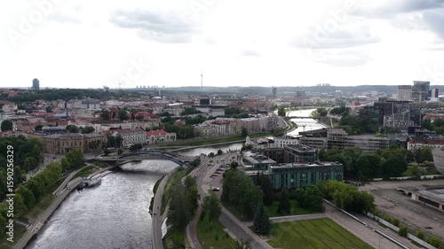 Wide aerial shot of Vilnius, Lithuania, capturing the Neris River, a blend of historic and modern buildings, green spaces, and city landmarks under a cloudy sky.