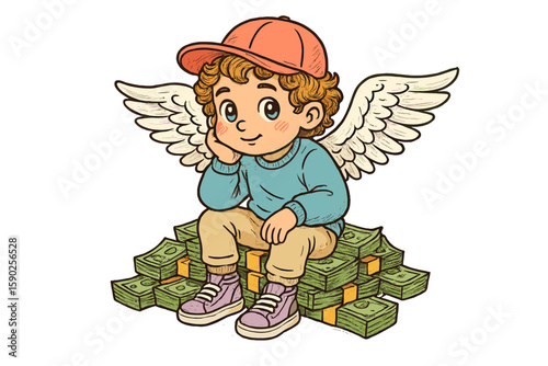 Young child with wings sitting on stacks of cash in a whimsical illustration