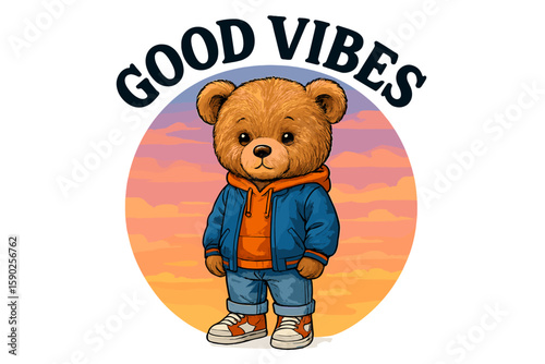 Cute bear character promoting positivity outdoors at sunset with good vibes message
