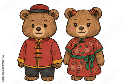 Bears dressed in traditional Chinese clothing celebrate cultural heritage during a festive occasion