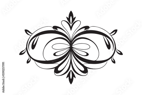 Elegant black and white flourish design with swirling lines and leaf motifs