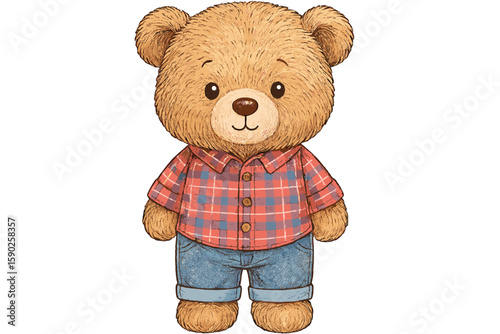 Cute bear character wearing a plaid shirt and jeans with a friendly expression in a cheerful pose