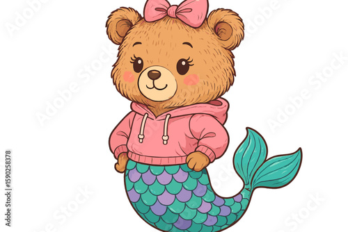 Cute bear character wearing a hoodie with a mermaid tail design, perfect for children's illustrations or designs