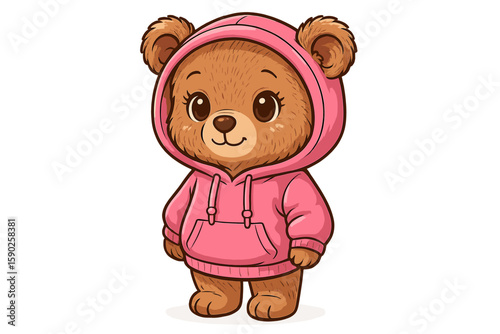 Cute cartoon bear wearing a pink hoodie stands cheerfully in a playful setting ready for fun adventures