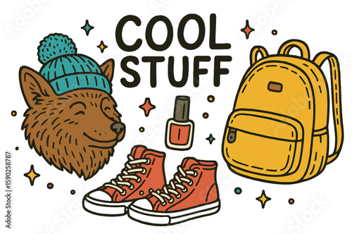Fun illustration featuring a friendly wolf, stylish sneakers, a backpack, and accessories for a vibrant lifestyle