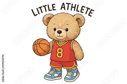 Cute young bear character dressed in sports attire holding basketball and showing enthusiasm for the game