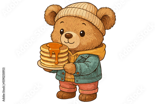Cute cartoon bear holding a stack of pancakes with syrup in a cozy outfit, celebrating breakfast at a fictional diner