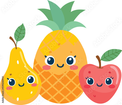 Cute smiling fruits like banana, strawberry, pear, and orange in pastel tones. Ideal for nursery prints, wall art, and playful designs.
