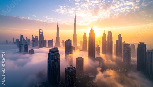 Wallpaper Mural Sunrise over a city shrouded in mist Torontodigital.ca