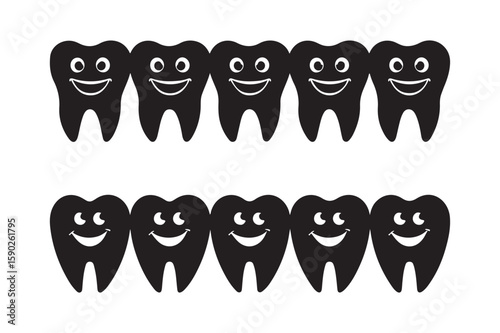 Two rows of happy black teeth with white smiles and eyes