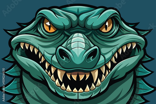 Teal reptilian creature head with sharp teeth and yellow eyes
