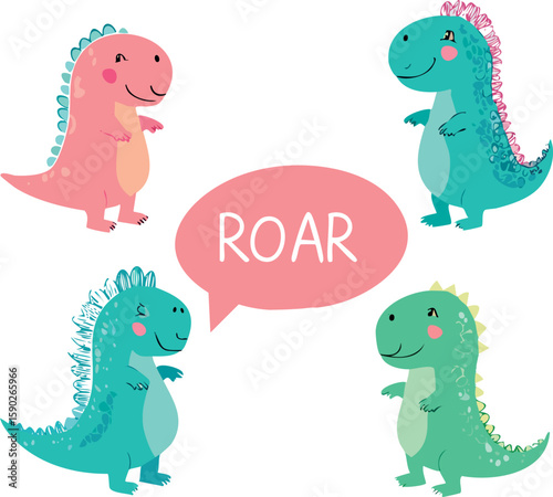 Friendly dinosaurs with trees, volcanoes and "Roar!" text in pastel colors. Perfect for baby room prints, toddler posters and kids decor.