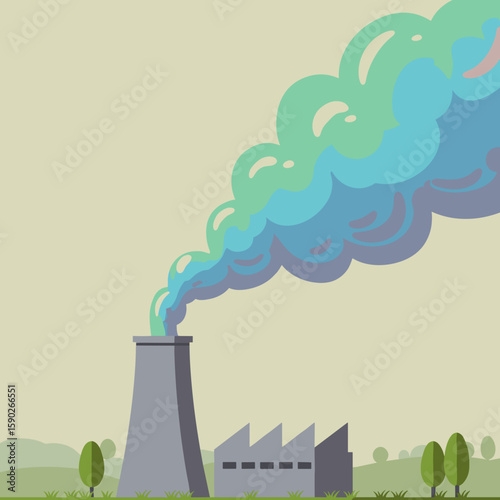 Industrial factory smokestack emitting colorful fumes in landscape  