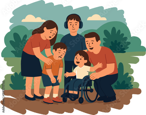 A family on a walk in the fresh air: a child in a wheelchair smiles, next to adults. The difficulties of traveling with special children. An illustration about acceptance, caring, and engagement.