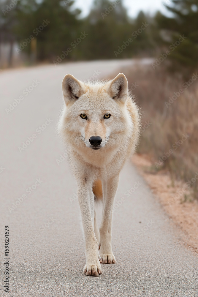 Obraz premium Wolf walking on a forest path showcasing wildlife, nature, and majestic fur in outdoor setting