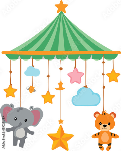 Hanging mobile with jungle animals, stars and clouds in soft tones. Ideal for baby room wall art, posters and gender-neutral nursery decor.